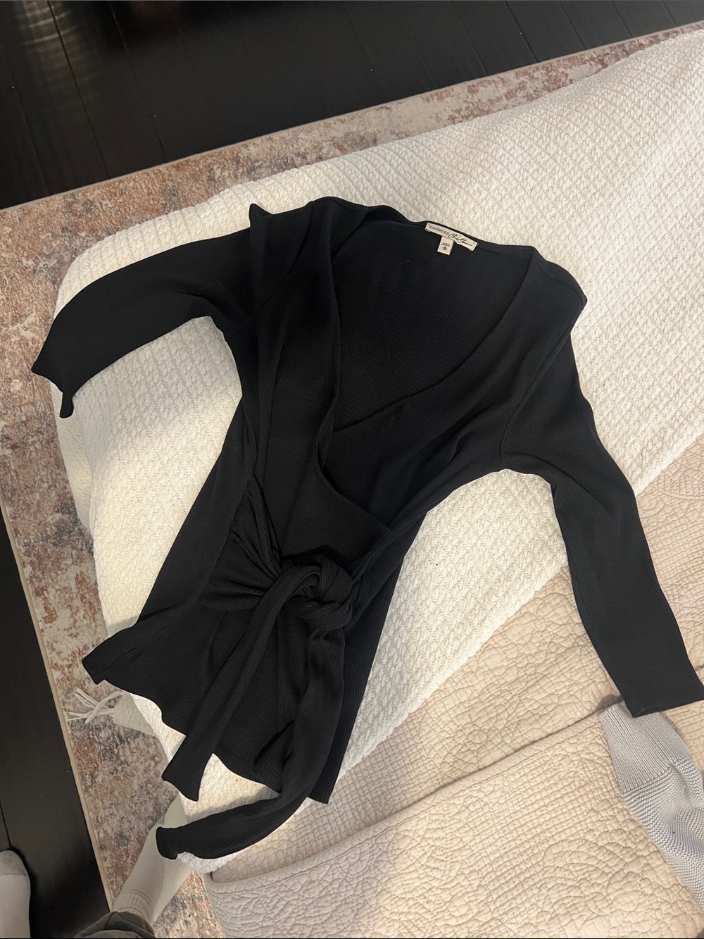 Express Black Wrap Tie-Front Ribbed Long Sleeve Top